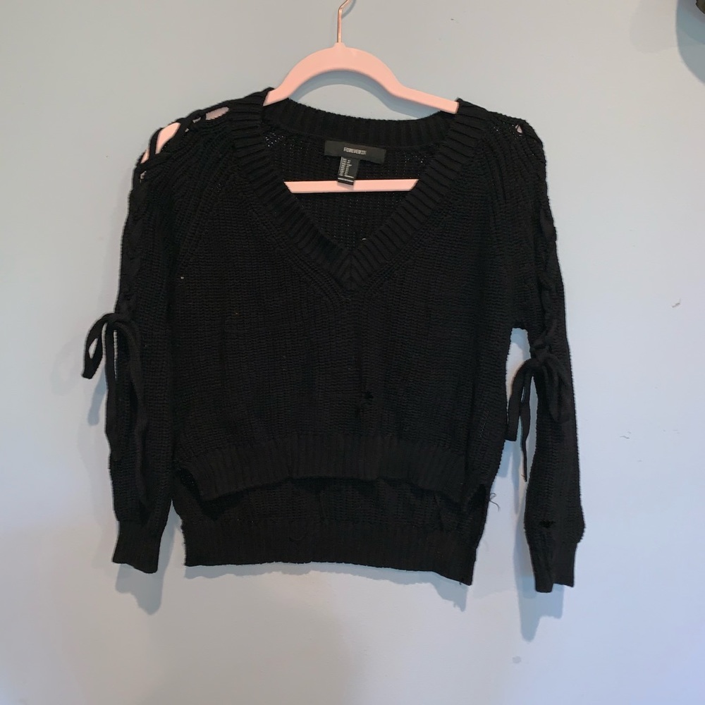 Black Crop Top Sweater, Tie Up Sleeves